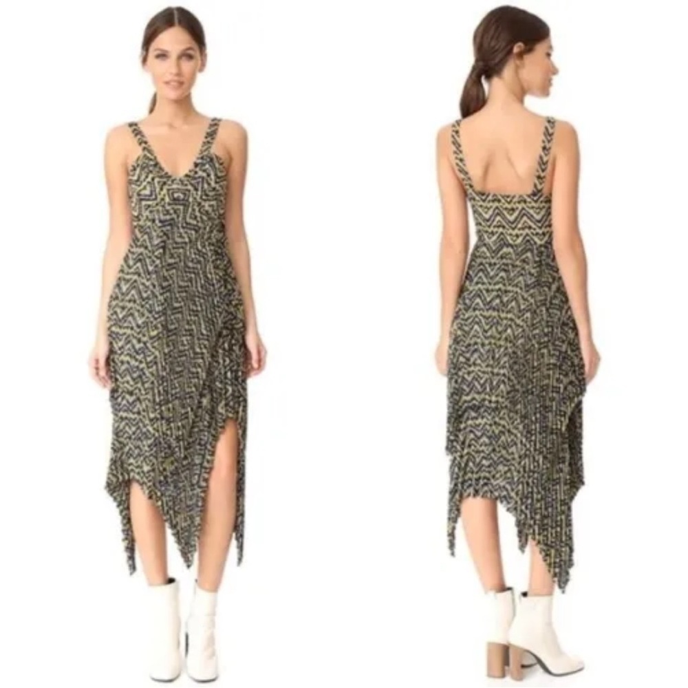 A.L.C. Kendall Silk Asymmetric Pleated Midi Dress Black Ikat Print Size 2 EUC